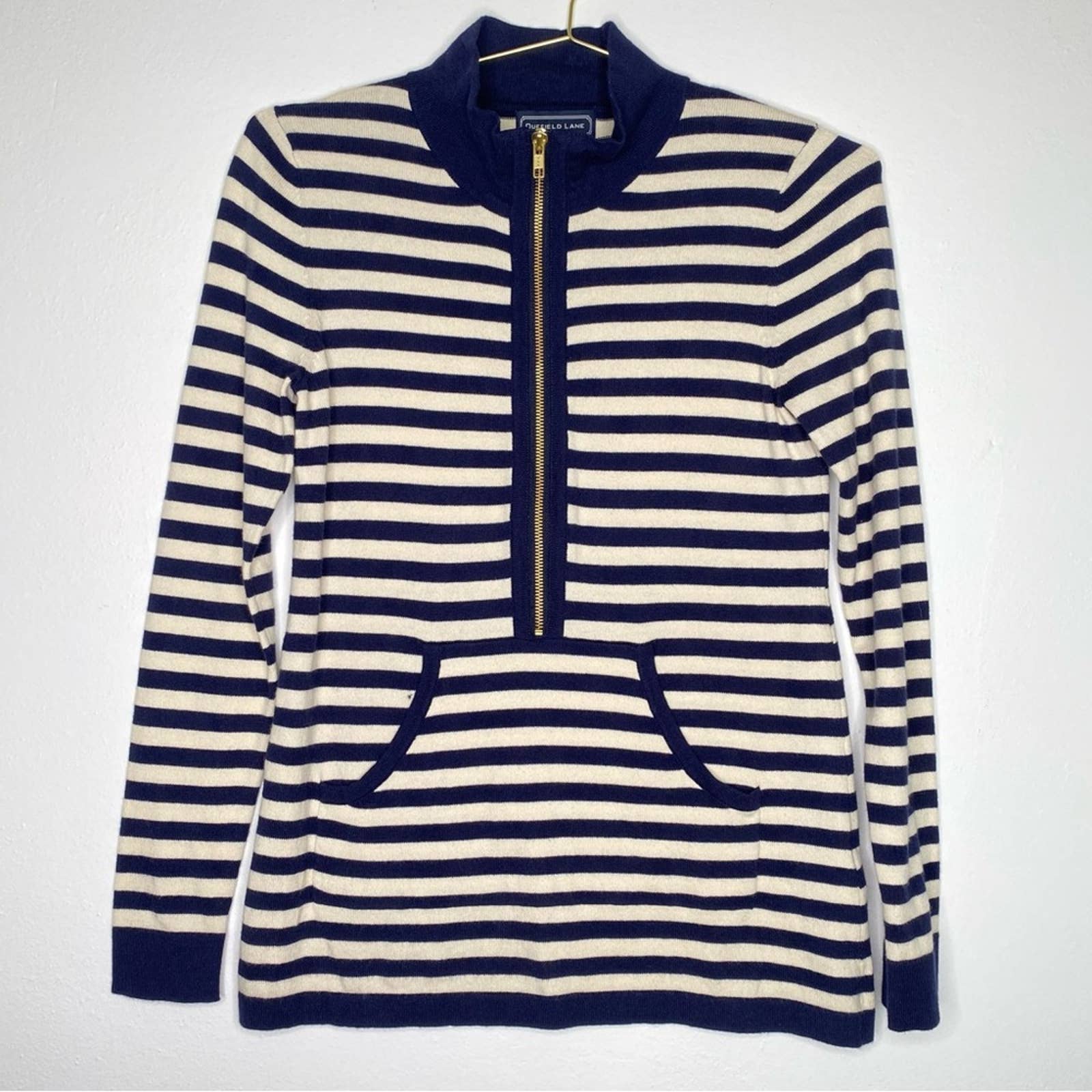 Duffield Lane Navy & Cream Striped Cashmere Zip-Up Sweater, Size Small